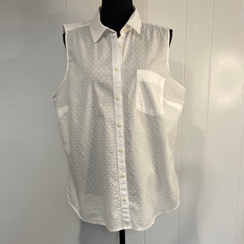 100% Cotton Blouse Clean Girl Coastal Swiss Dot Sleeveless Button Down White XL